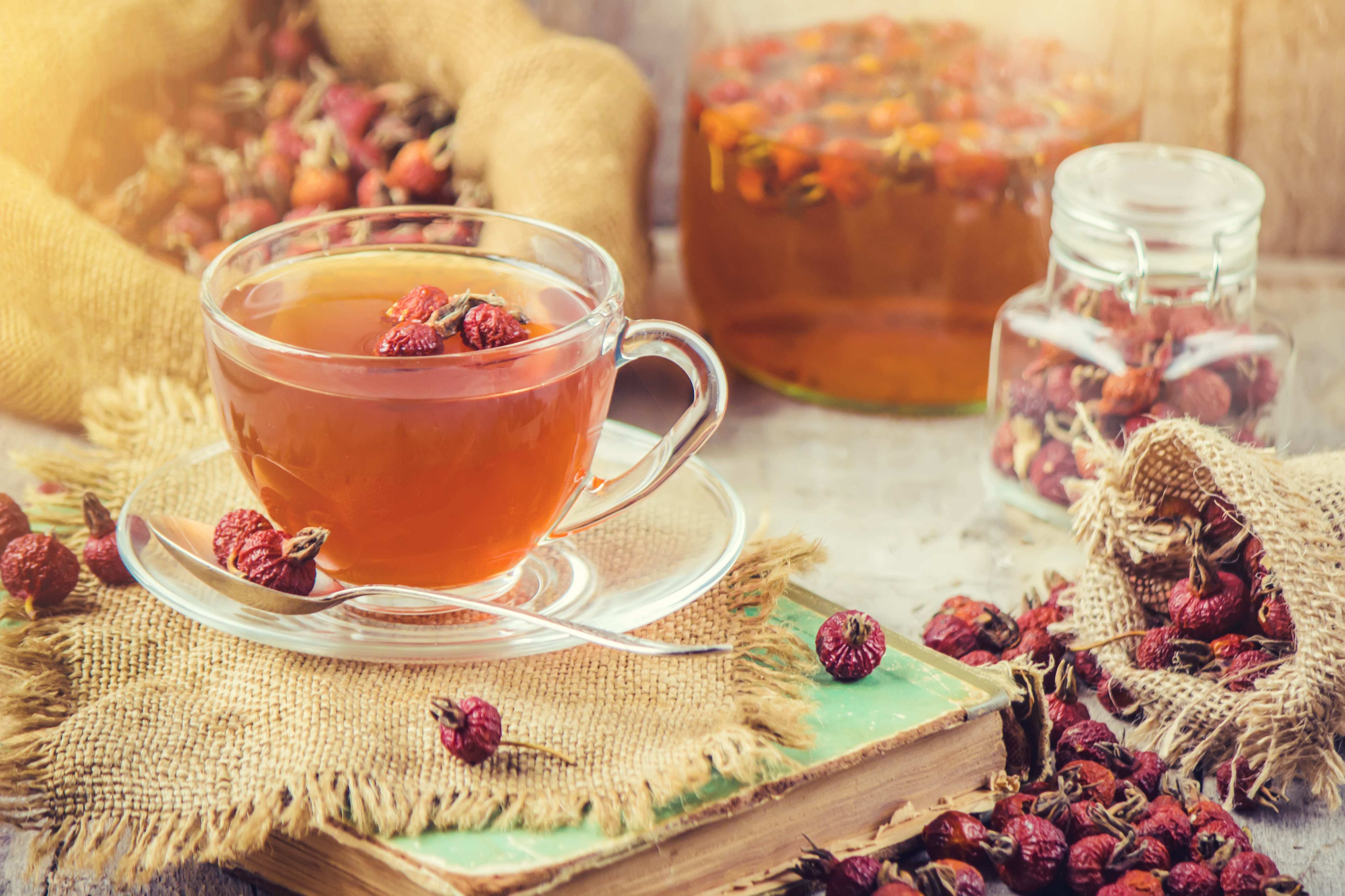 This image presents a rustic and inviting still life centered around rosehip tea. A clear glass teacup, filled with a warm, amber-colored liquid, sits on a saucer atop a textured burlap placemat which rests on a vintage book with a faded green cover. A single dried rosehip adorns the rim of the cup, and a few more are scattered around the saucer and on the burlap, adding a natural, organic touch. A small silver spoon rests beside the cup. Behind the teacup, a loosely tied burlap sack overflows with dried rosehips, suggesting a recent harvest or preparation. To the right, a glass jar filled with rosehips and a larger jar containing a golden, possibly honey-infused, rosehip preserve are visible, hinting at homemade remedies or preserves. The background is a softly lit, textured grey surface, possibly stone or concrete. Sunlight streams in from the upper right, creating a warm glow and highlighting the rich colors of the rosehips and tea. The overall aesthetic is cozy, natural, and evokes a sense of traditional herbalism and wellness. The composition is carefully arranged, emphasizing the beauty of simple, natural ingredients and the comforting ritual of tea drinking.